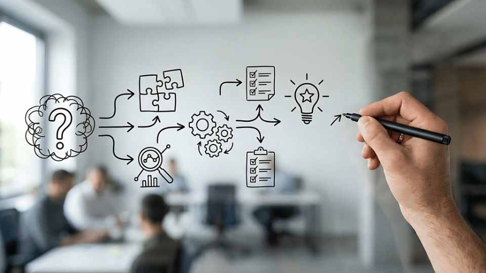A whiteboard image with strategic graphics displayed